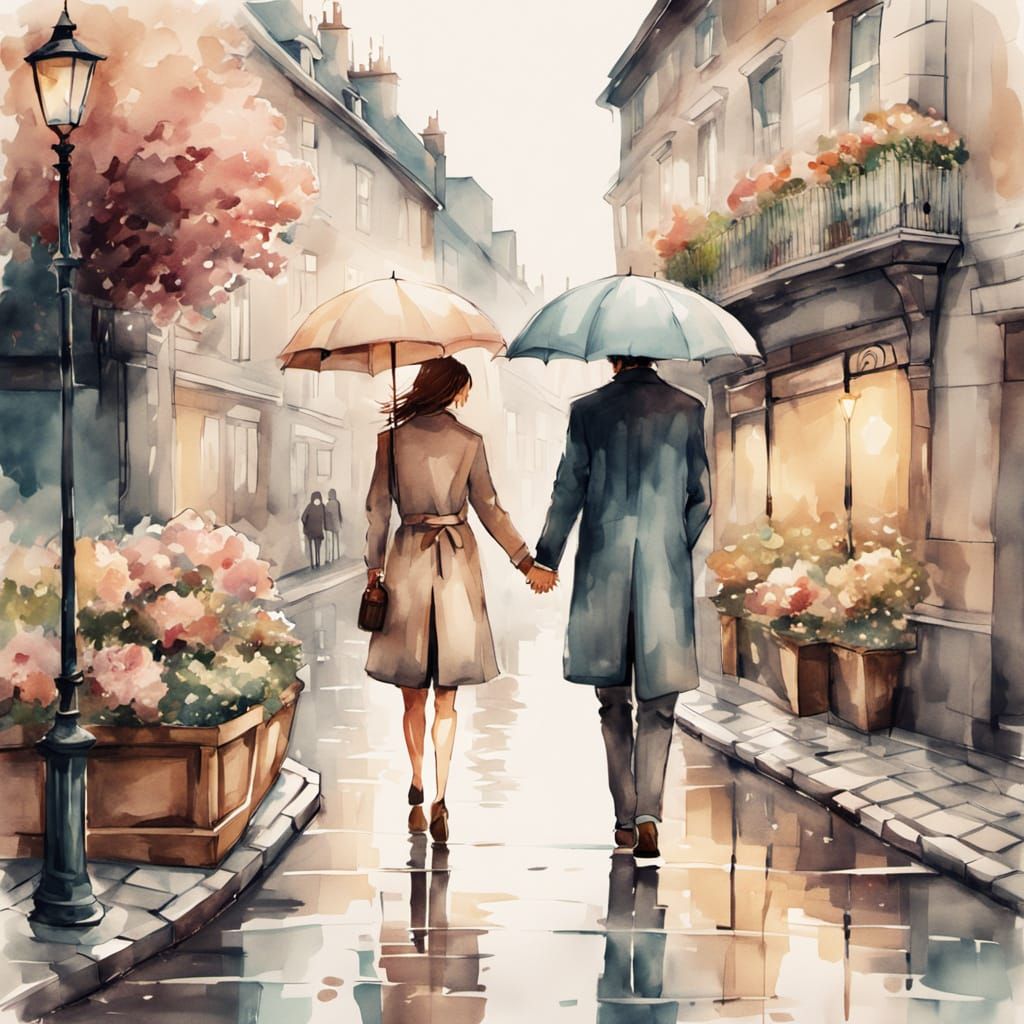 Romantic Couple in Rainy Paris: Watercolor Painting