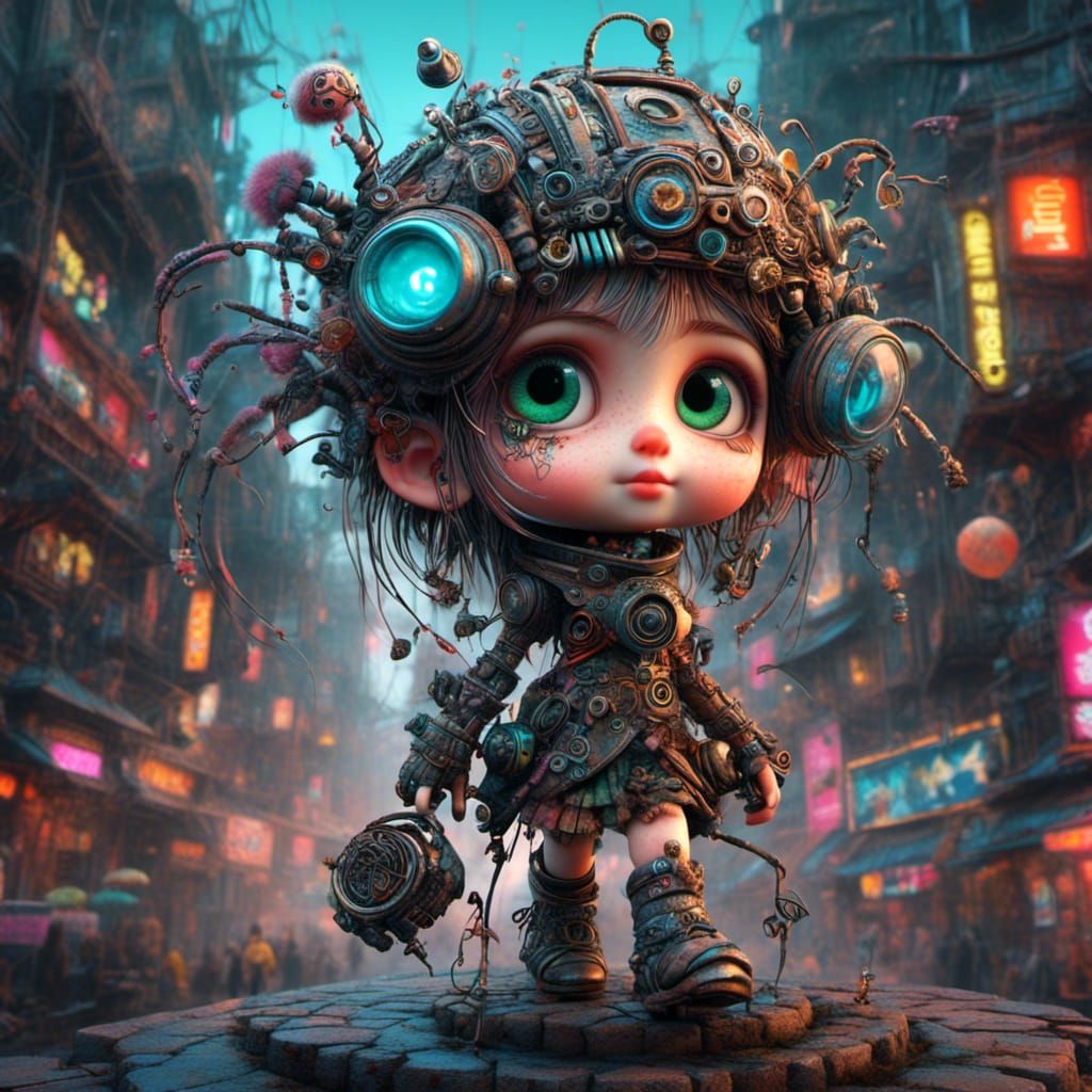 Cyberpunk Mech Girl in Dystopian Neon City