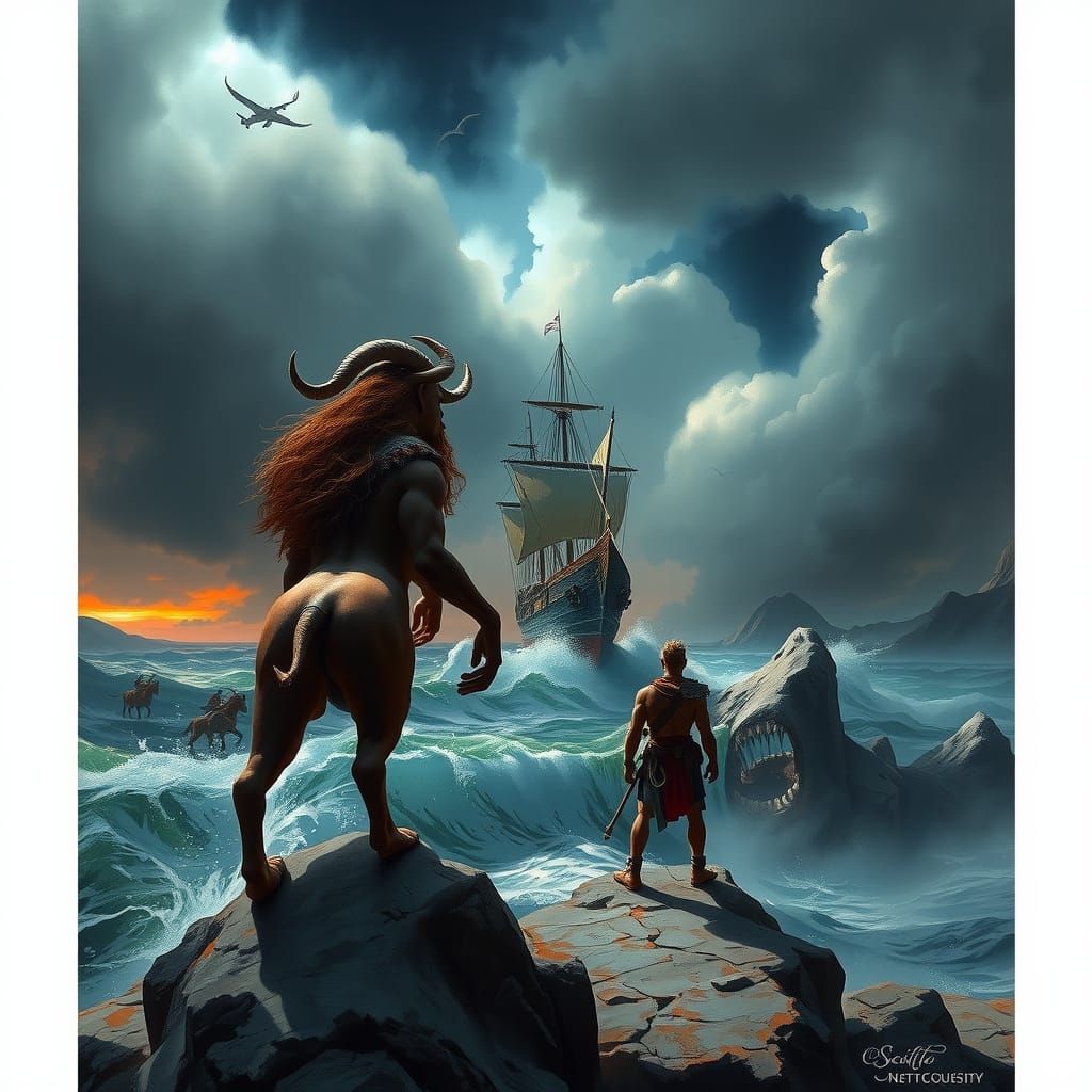 Stormy Seas: A Fantasy Matte Painting of Centaurs
