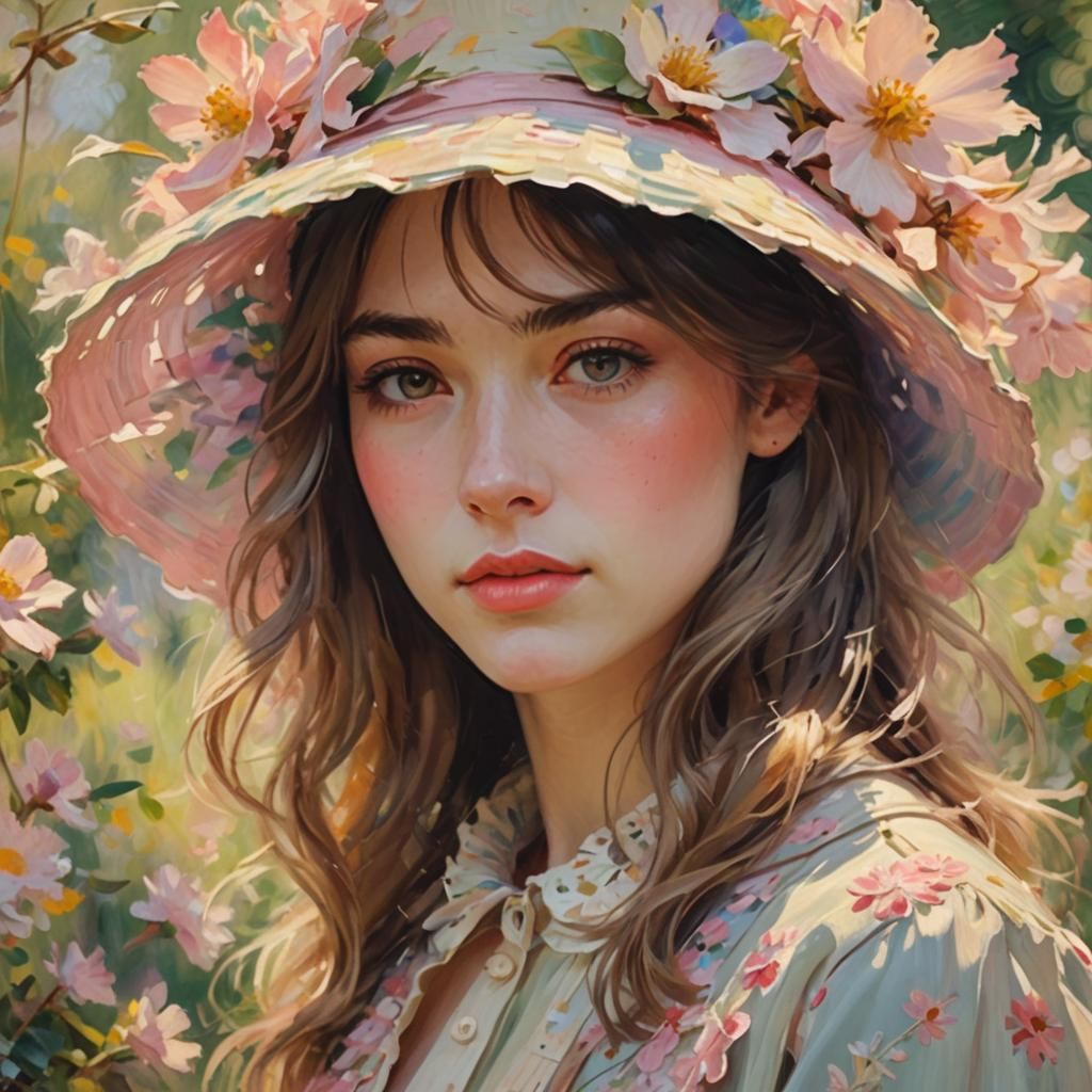 Girl in Flowery Hat as Impressionist Oil Painting