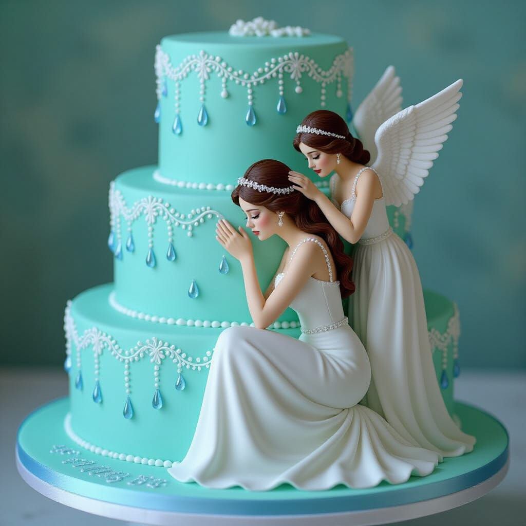 Teal Fondant Cake with Angel Comforting Crying Woman