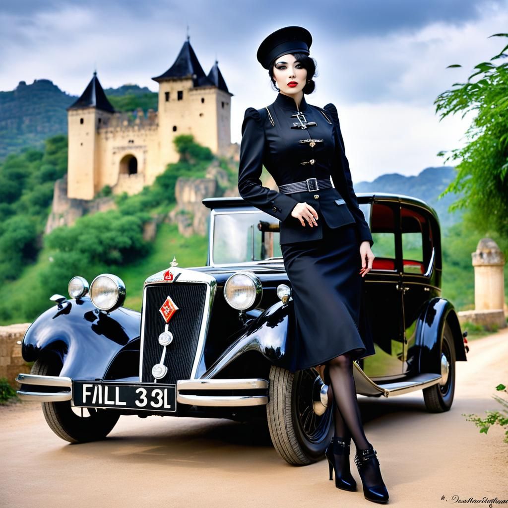 Vietnamese Goth Chauffeur Girl Near Sandstone Castle