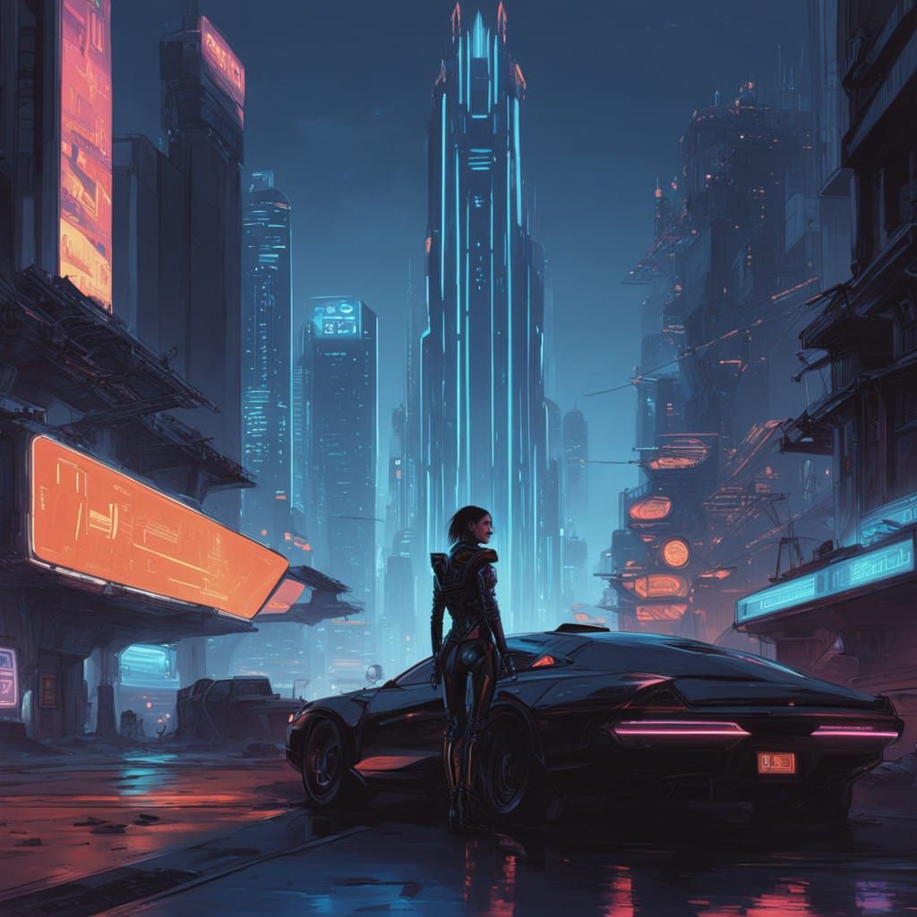 Cyberpunk Girl in Future Armor Stands Before a Gargantuan Sp...