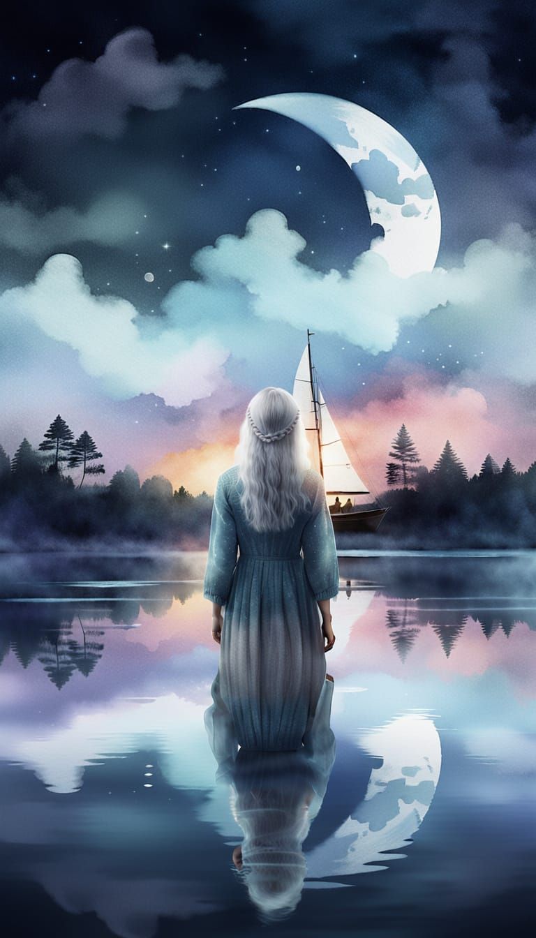 Ethereal Dreamer Sails on Moonlit Lake