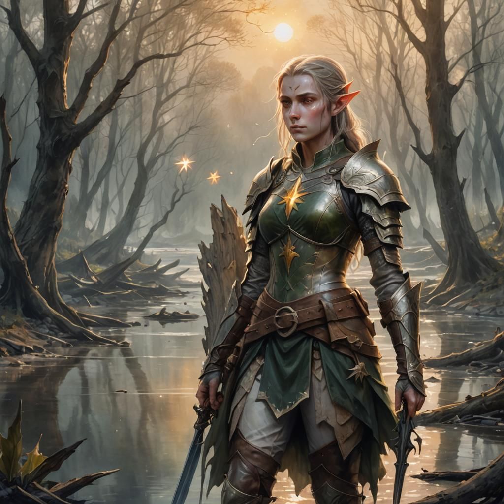 Female Elf Soldier on Riverbank in Watercolor Style