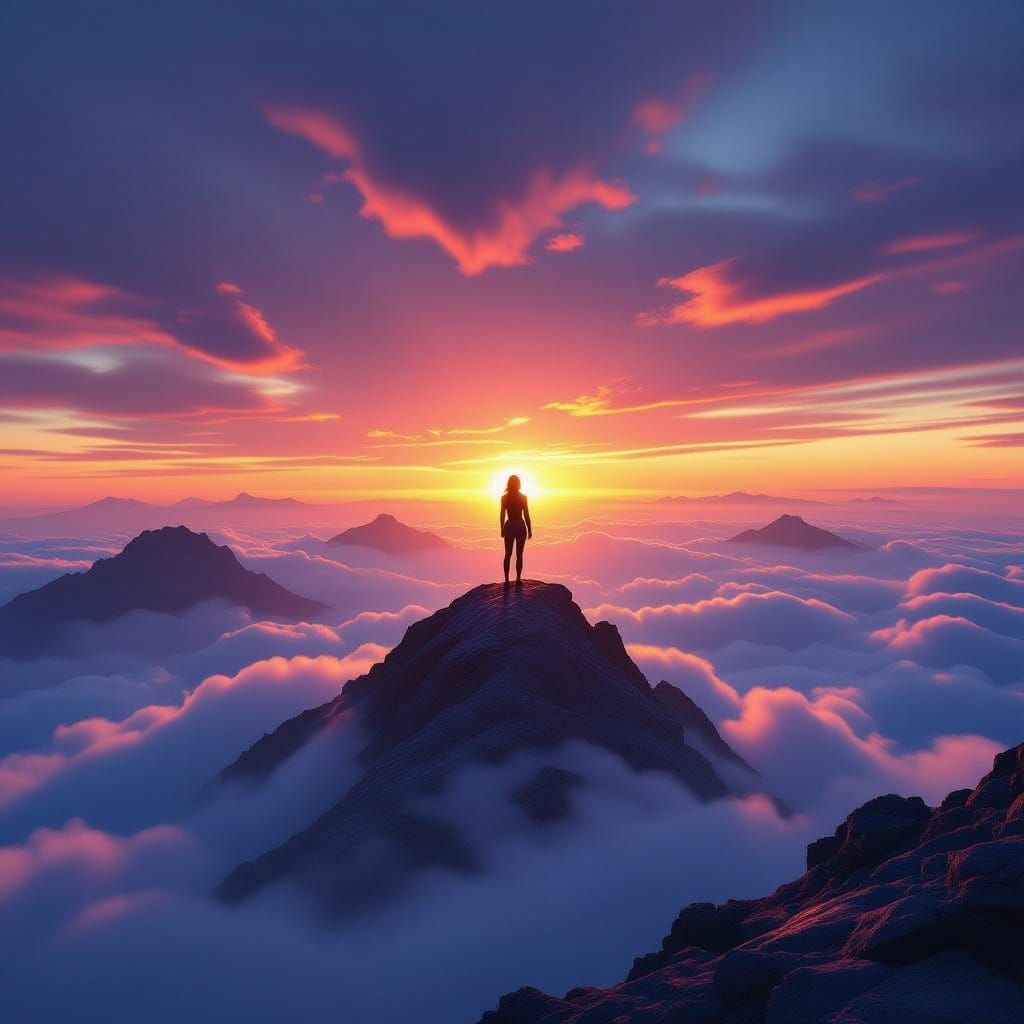 Woman on Mountain Peak Above Clouds at Surreal Sunset