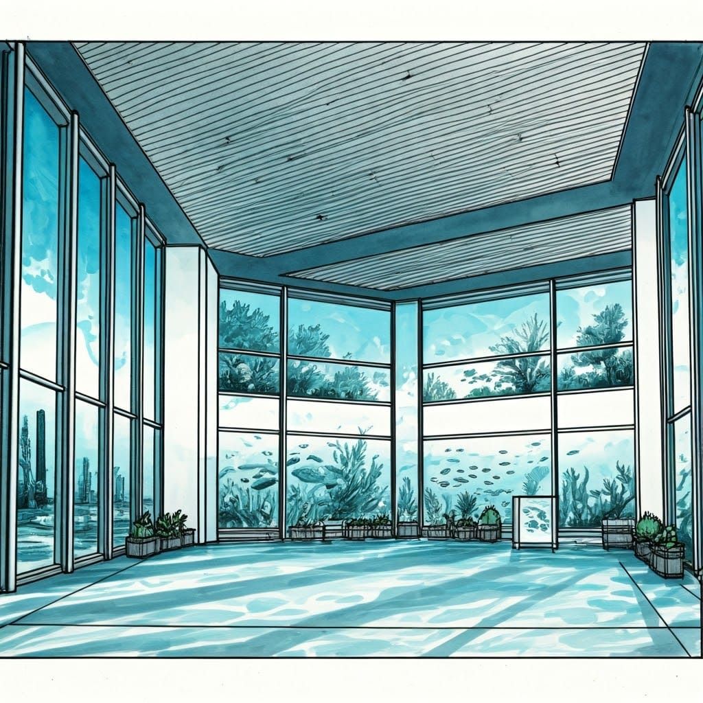 Black and white pen and ink drawing of a modern aquarium with a blue ink wash over the water
