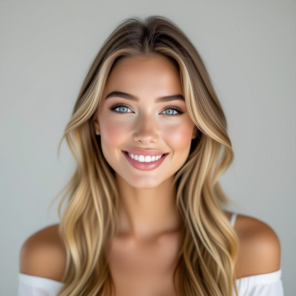 Young Woman with Blonde Hair and Blue Eyes Smiling