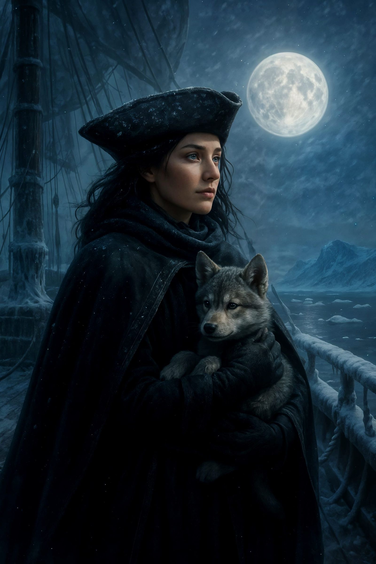 Arctic Explorer on Ice-Crusted Ship in Digital Art