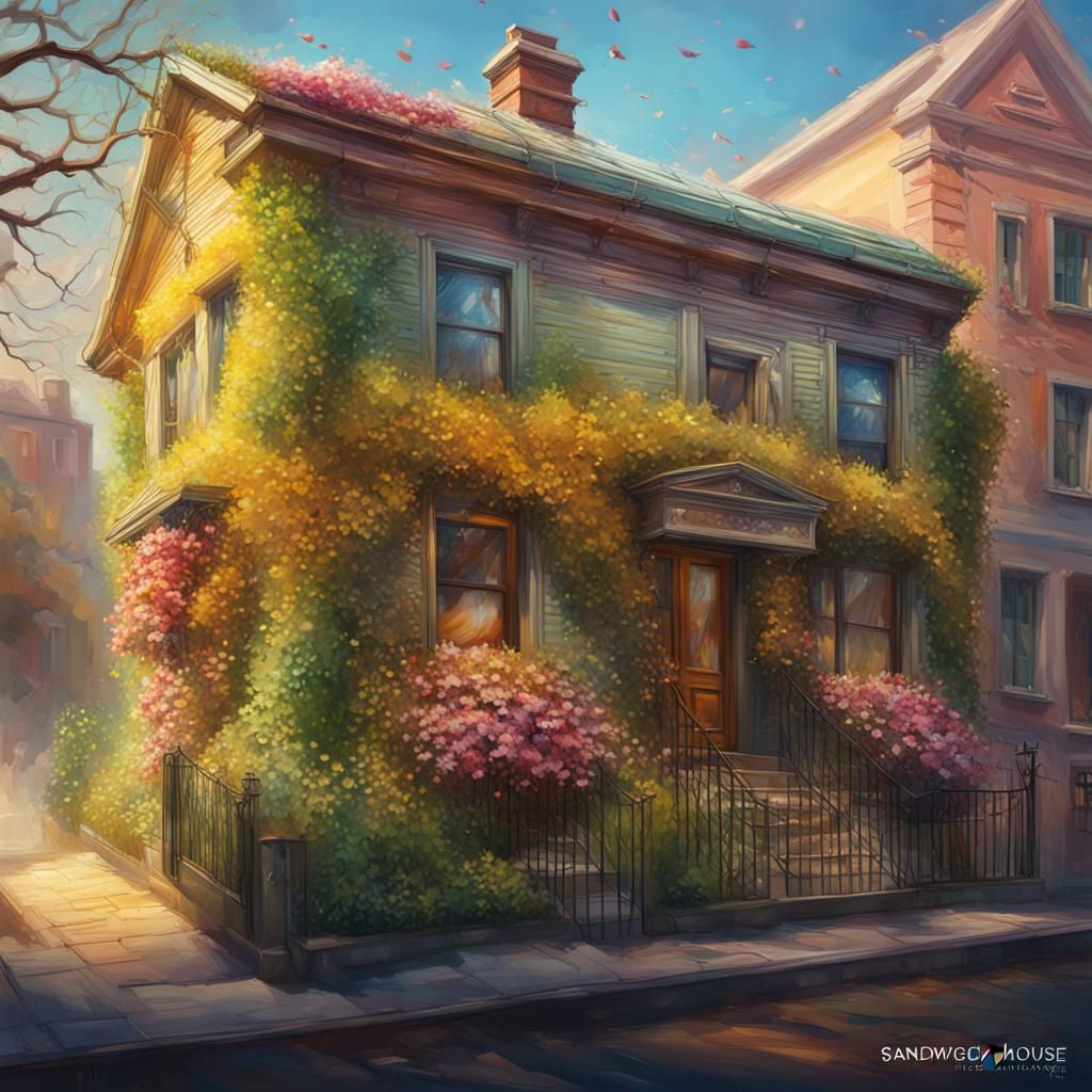 Hyperrealistic Sandwich House in Spring: Splash Art