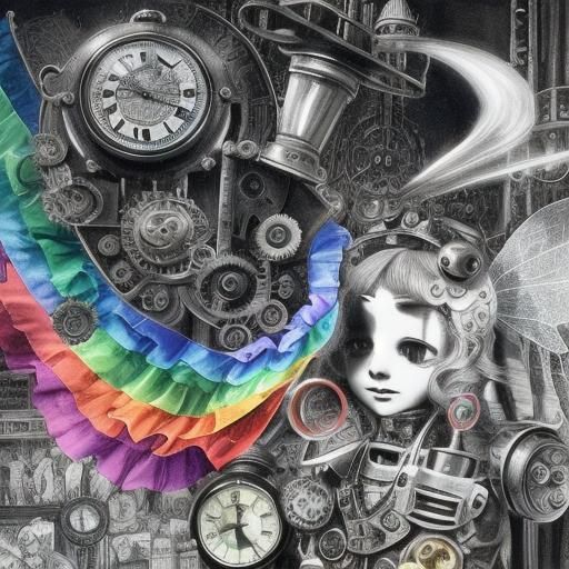 Steampunk Surreal Child's Drawing with Rainbow Fairy