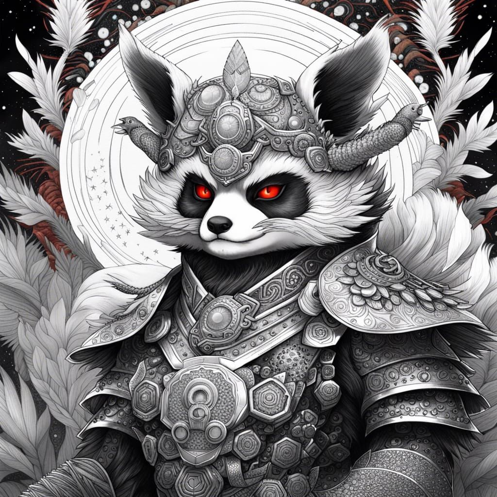 Armored Peacock Red Panda Hybrid in Ethereal Fantasy Style