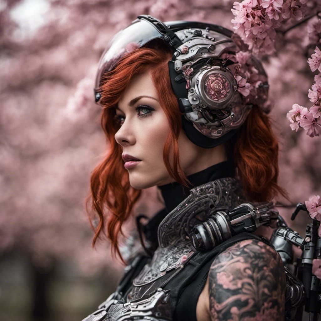 Cyberpunk Mech Pilot with Cherry Blossom Tattoos