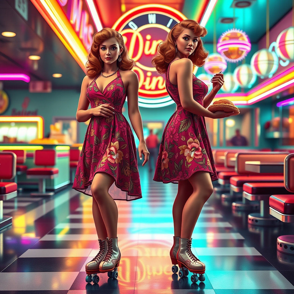 Retro Roller Diner Girls in Art Nouveau Style
