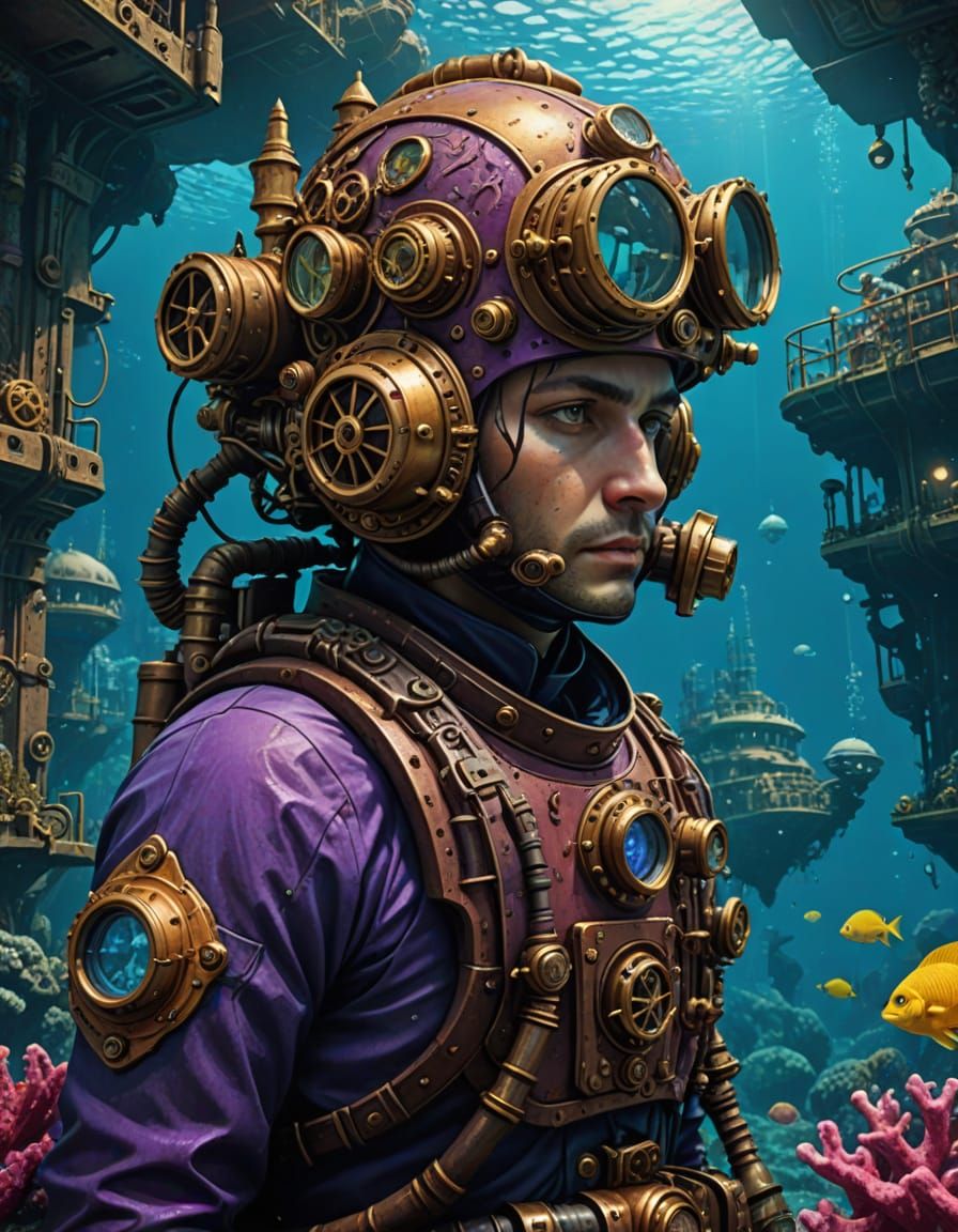 Steampunk Diver Explores Sunken City in Sci-Fi Art
