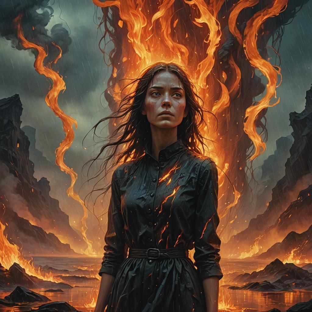 Ethereal Woman in Burning, Rainy Landscape