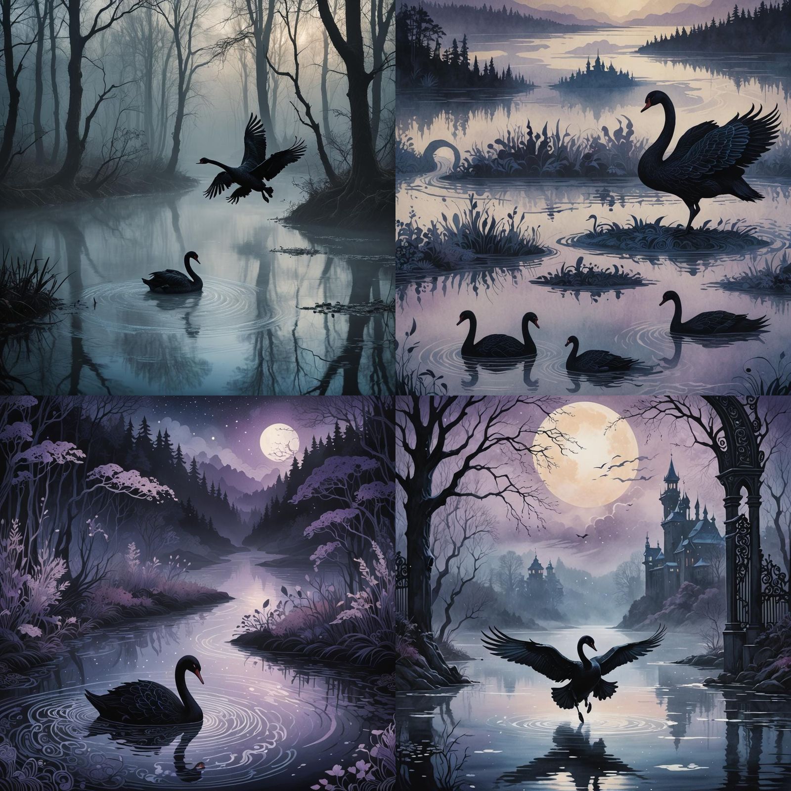 Ethereal Tuonela Landscape with Black Swan Design