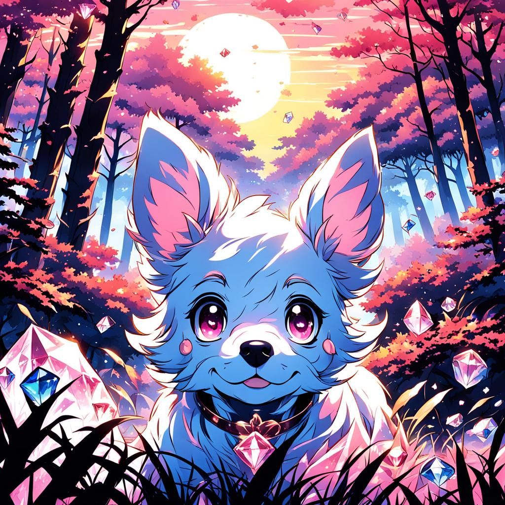 Puppy in Crystalline Forest Sunset: Anime Style