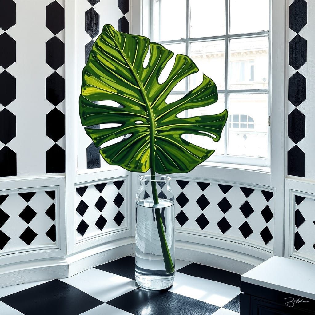 Surreal Green Monstera Leaf in Neo-Impressionist Oil Paintin...