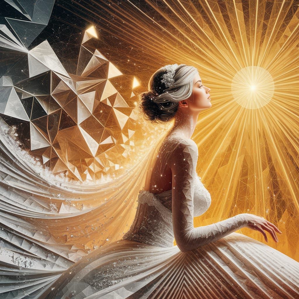 Woman in White Gown Amidst Infinite Triangles