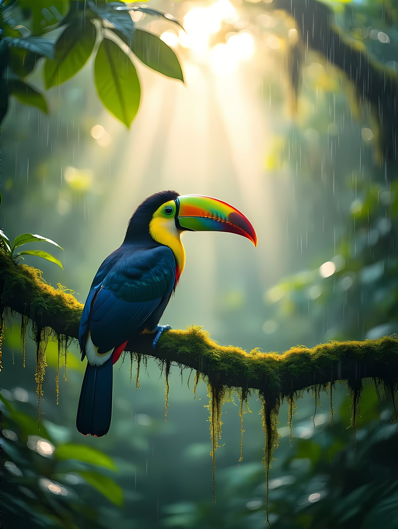 Tropical Forest Scene with Rainbow Toucan