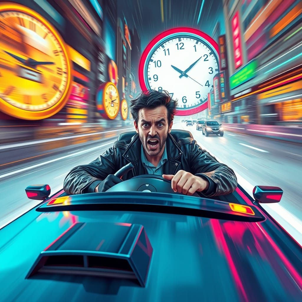 Speeding Car Travels Through Time in Futuristic Style