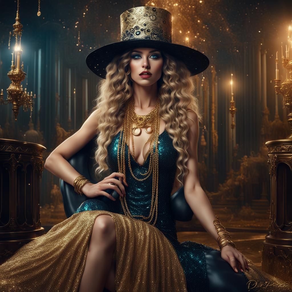 Glamorous Woman in Gold Dress, Digital Art