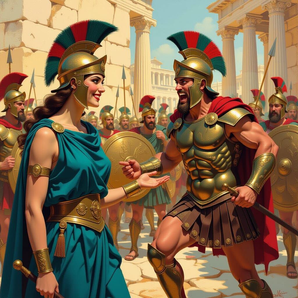 Athena Amusedly Watches Ares' Defeat in Humorous Oil Paintin...