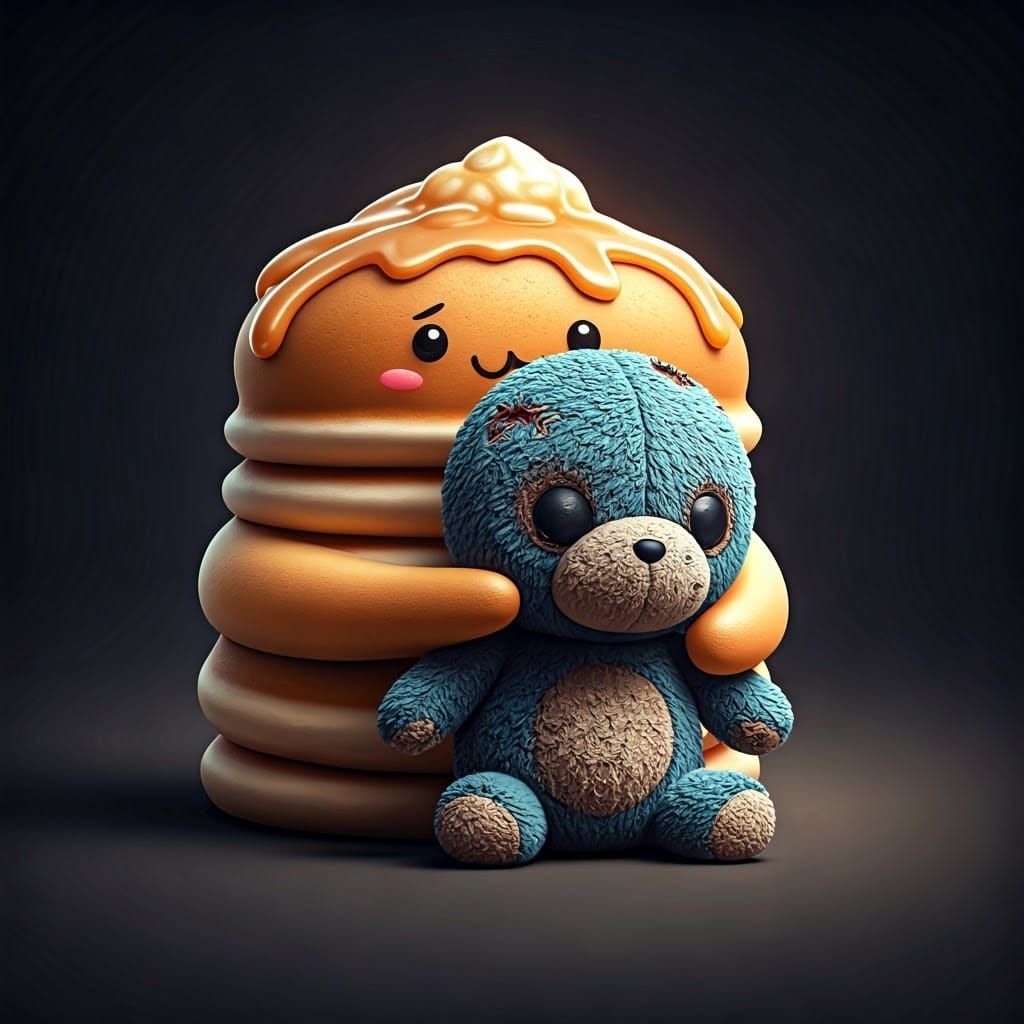 Kawaii Pancake Hugging Plush Toy: Hyperrealistic Digital Art