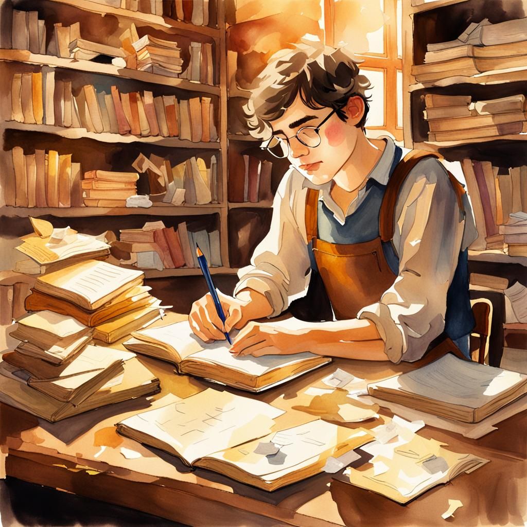 Dreamy Literary Portrait of Young Writer in Study