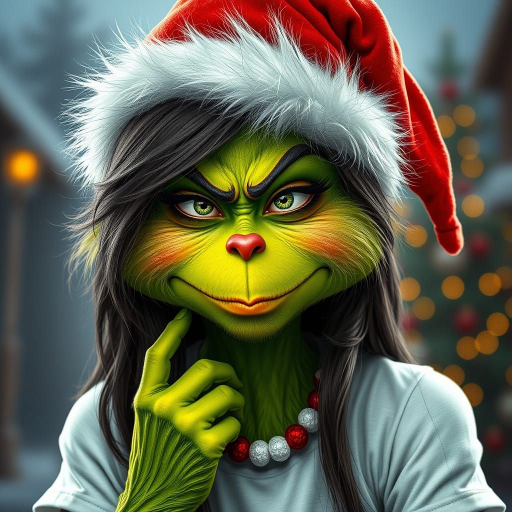 Female Grinch in Whoville Wears Christmas Hat