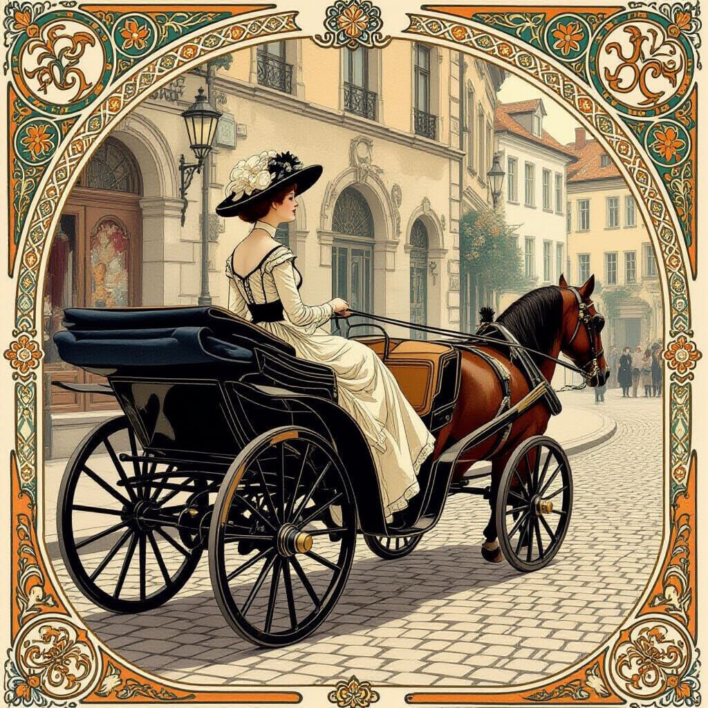 Elegant Woman in Carriage, Art Nouveau Style