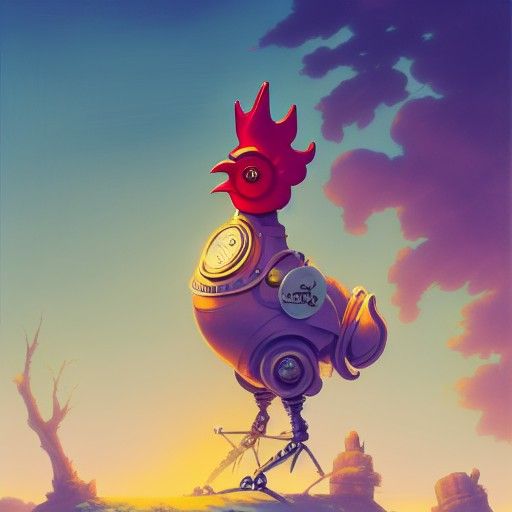 Robot Rooster at Dawn: Steampunk Digital Illustration