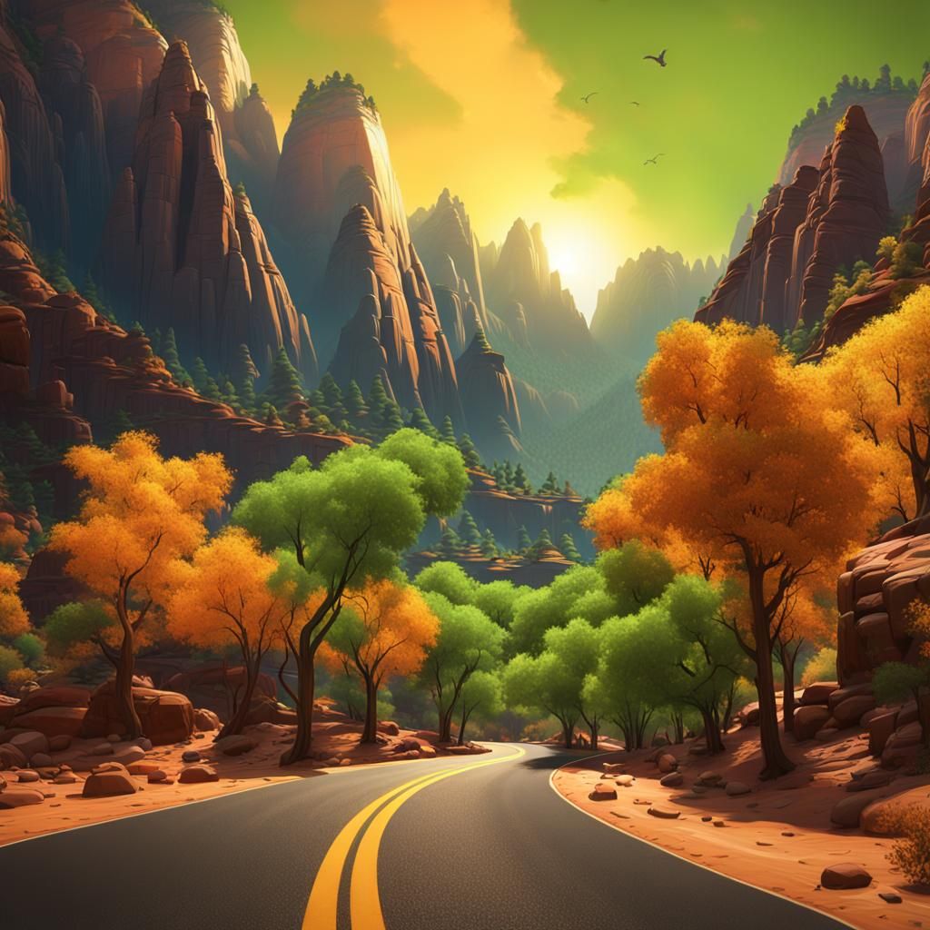 Zion park, mountains coloured light and dark orange, road cr...