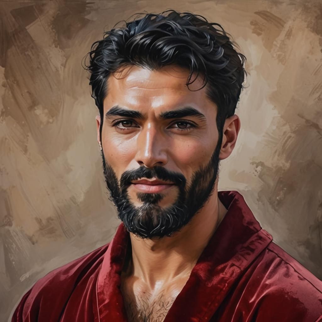 Hirsute Man in Red Velvet Bathrobe: Alcohol Ink Portrait