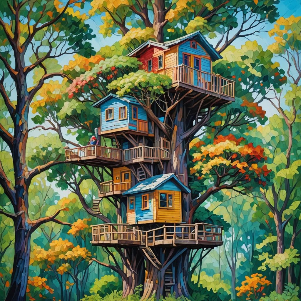 Colorful Treehouse in Neo-Impressionist Expressionist Style