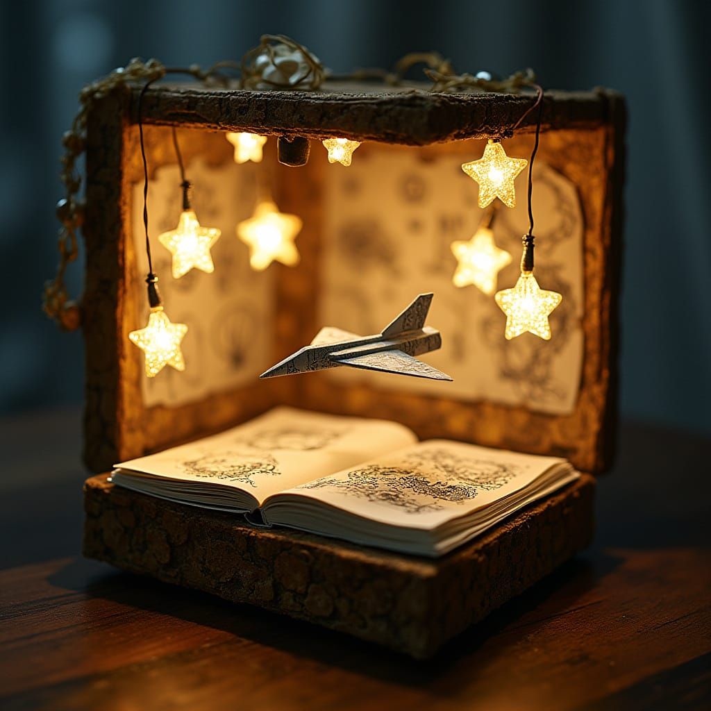 Intricate Assemblage Box with Whimsical Doodles in Dreamlike...