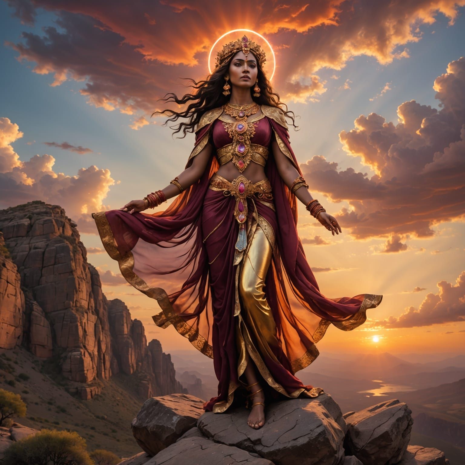 Divine Figure with Halo on Rocky Outcrop at Sunset