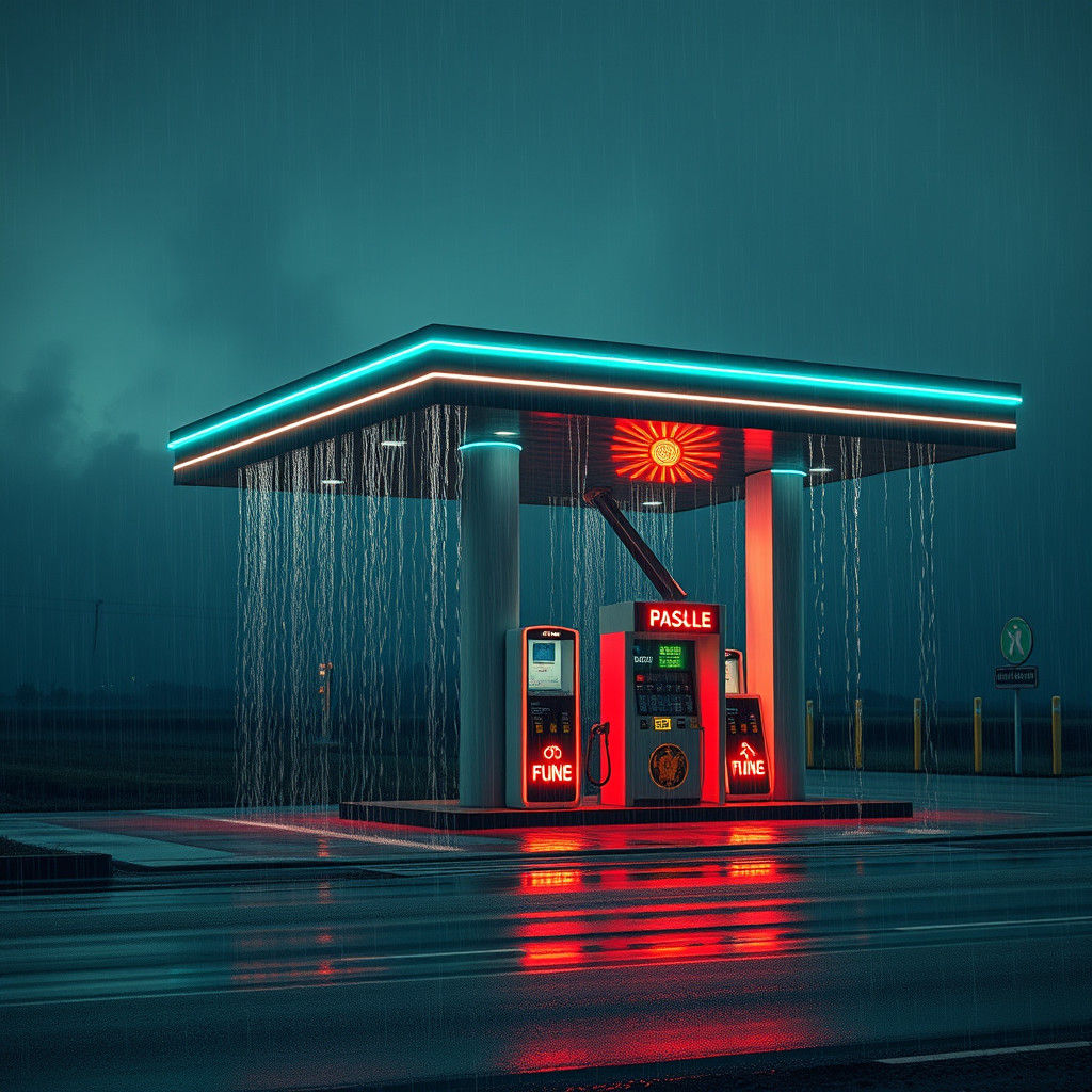 Rainy Gas Station on Deserted Highway