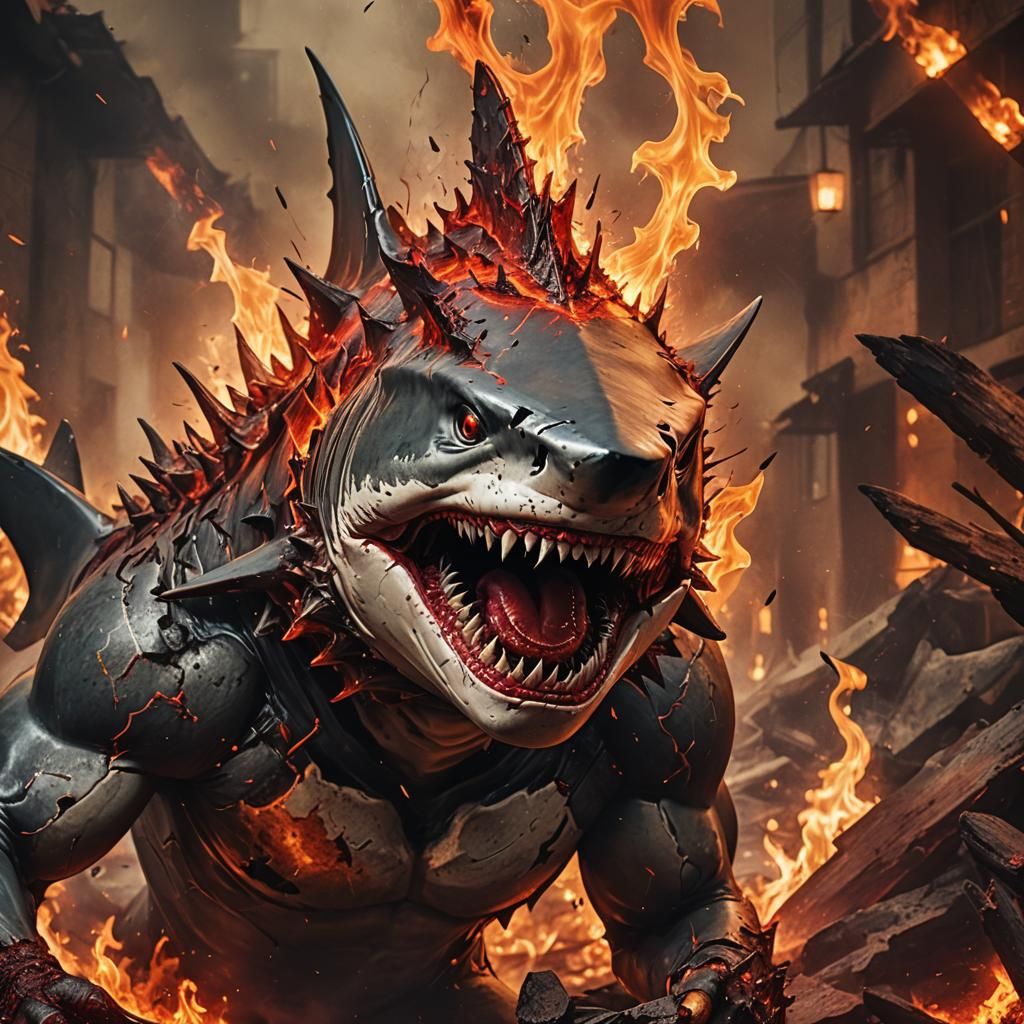 Shark Humanoid Attacks Victims in Hellish Digital Art