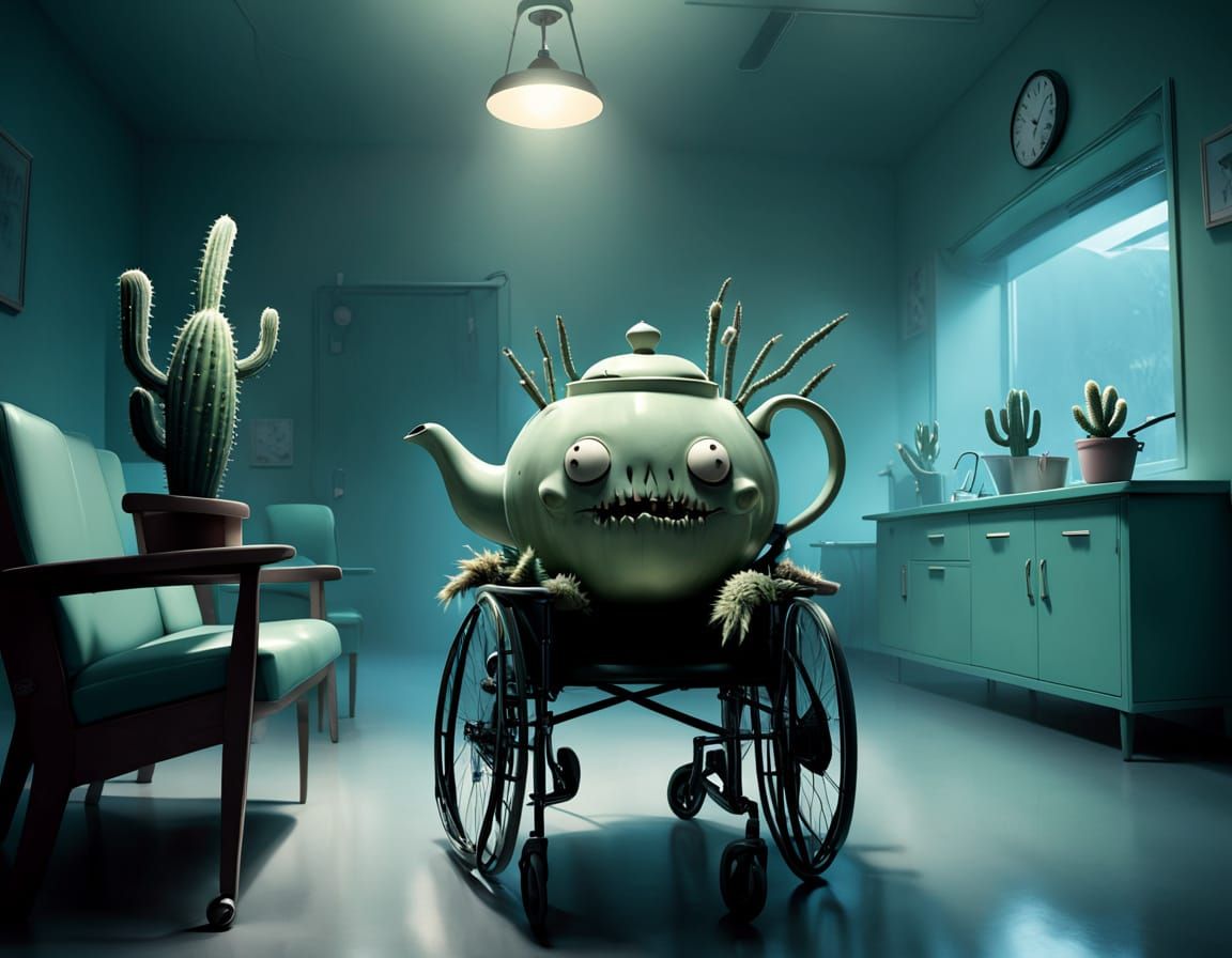 Surreal Teapot in Waiting Room: Ethereal Illustration