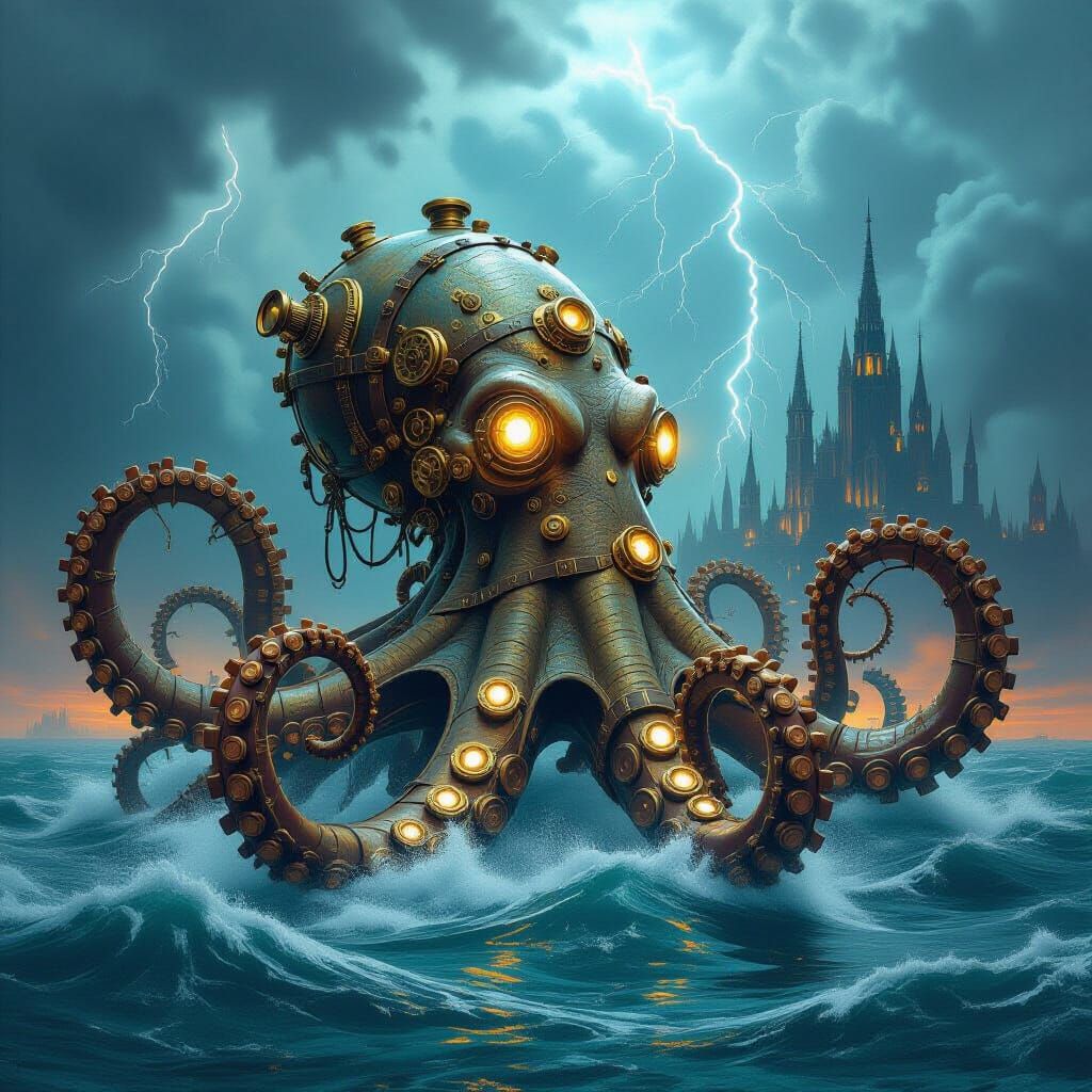Steampunk Kraken Emerges from Ocean Depths