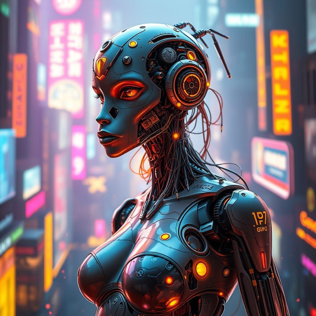 Cyberpunk Hybrid Cyborg in Neon Cityscape