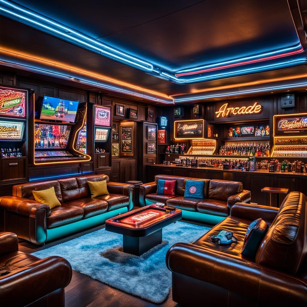 Retro-Futuristic Man Cave with Neon and Arcade Games