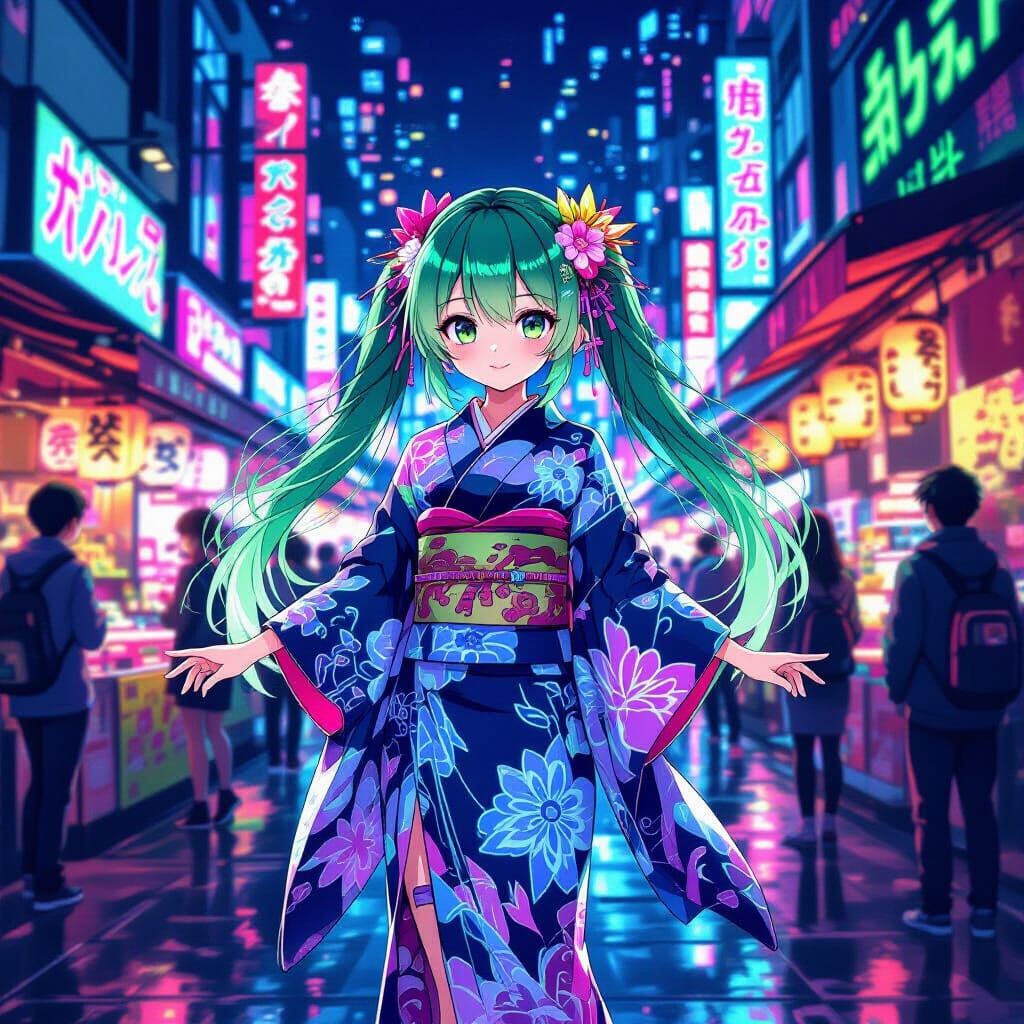 Anime Girl in Neon Market, Studio Trigger Style
