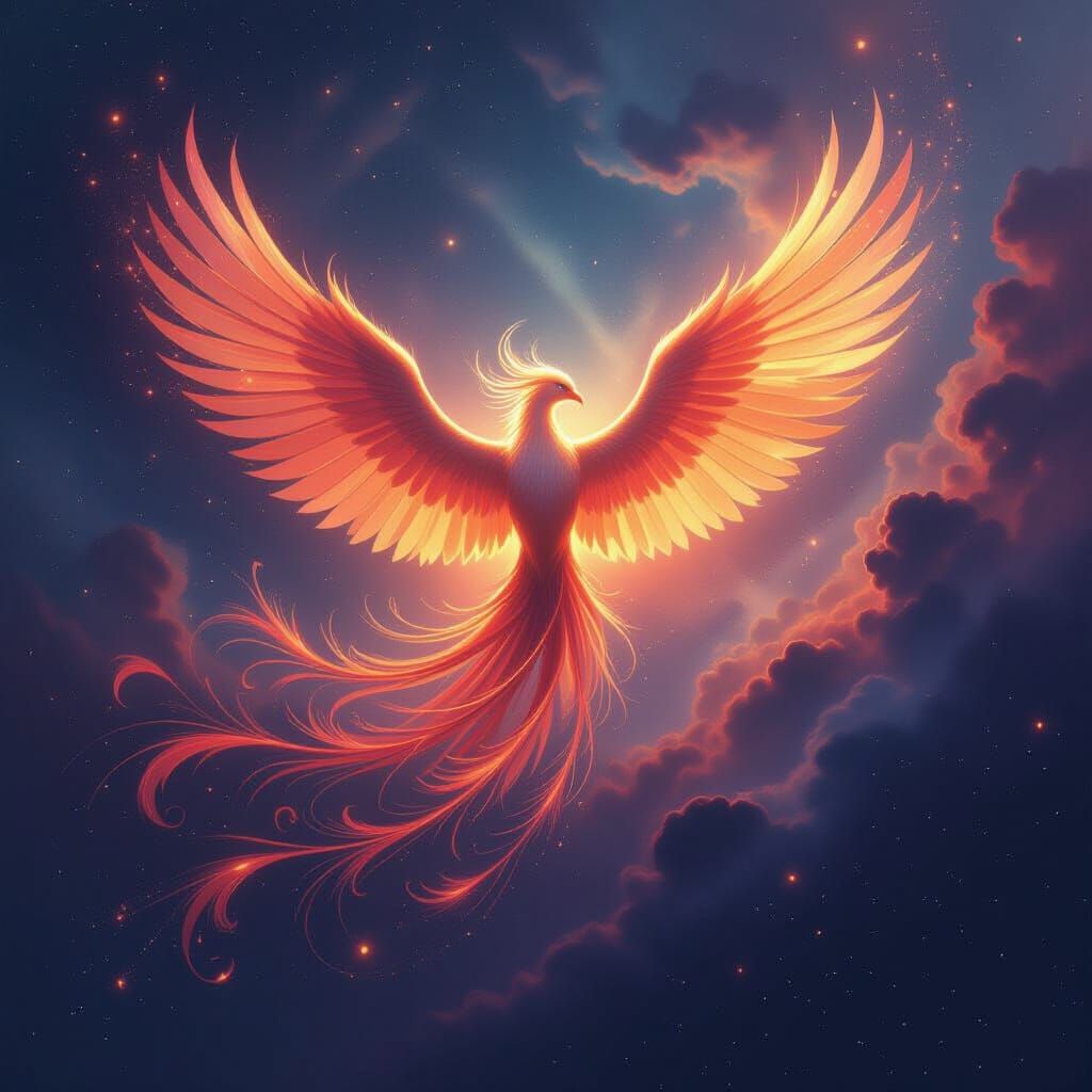 Majestic Phoenix Rises from Cosmic Nebula in Ethereal Style