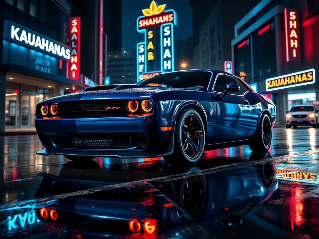 Dark Blue Dodge Challenger SRT Hellcat at Night, Wet Urban S...