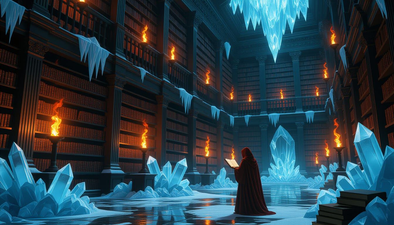 Icy Books Ablaze: A Mystical Library Scene