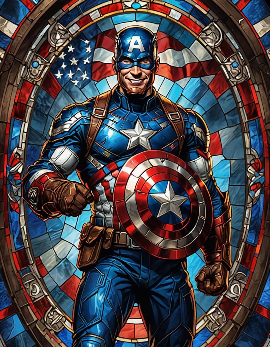 Stained Glass Captain America with Shield and Mjolnir