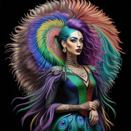Surrealist Portrait of a Woman with Peacock Hair